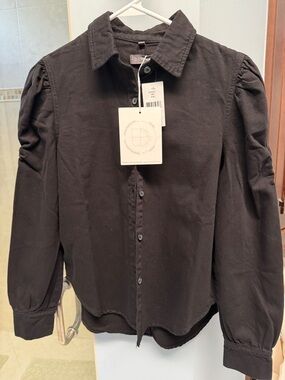 Black Denim Button-Up Puff Sleeve Shirt